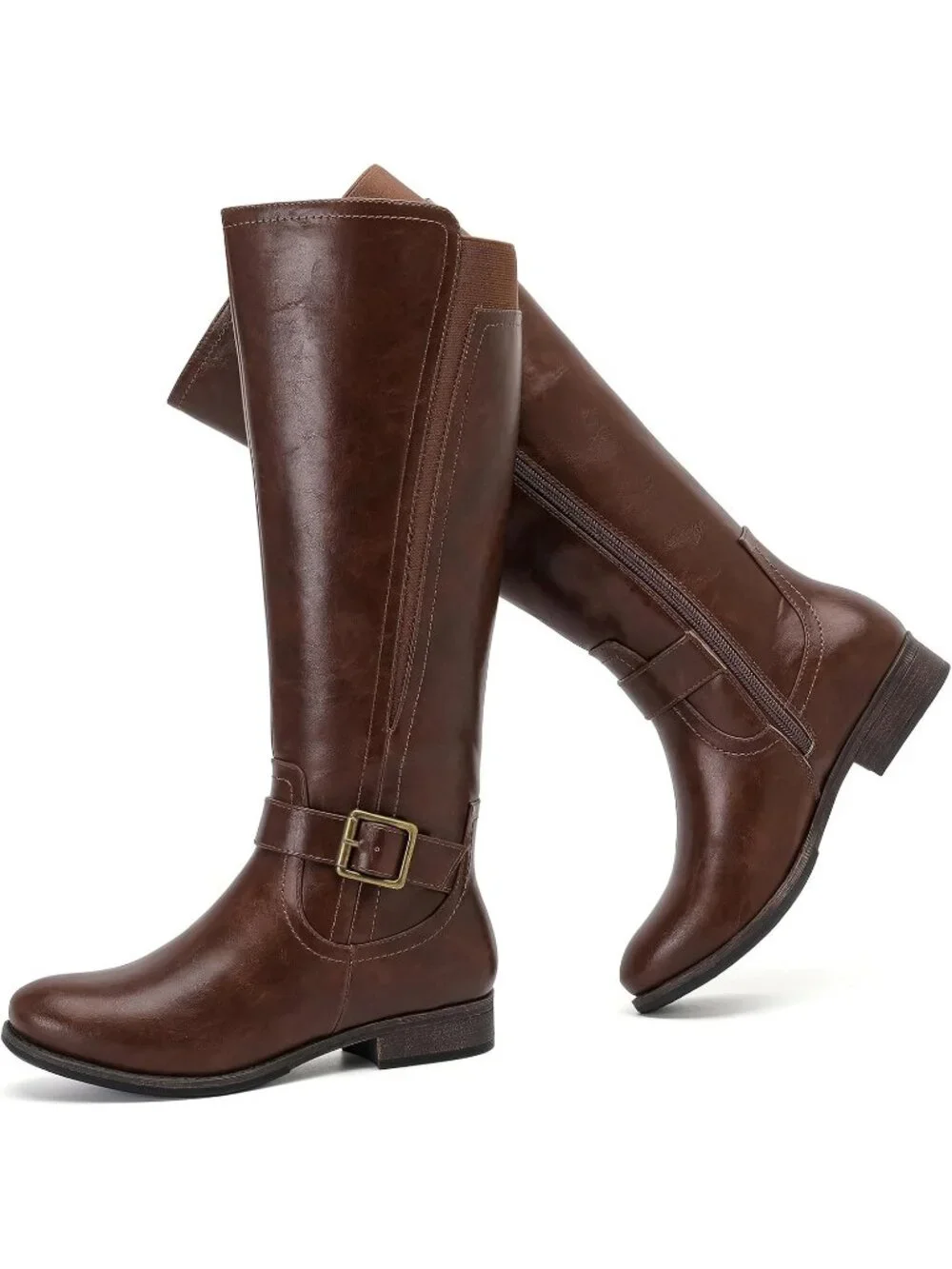 Women's Brown Platform Slouchy Side Zipper Comfort Round Toe Knee High Boots